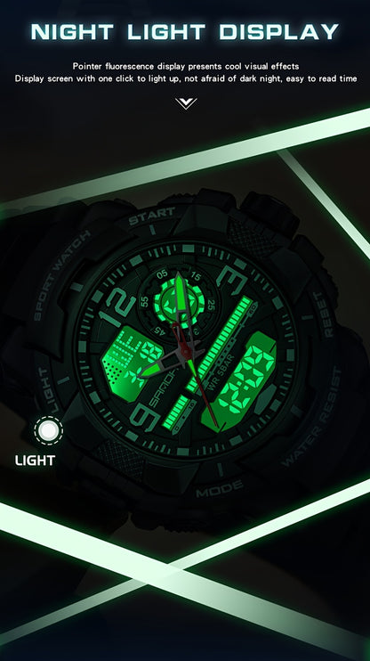 SANDA Men's Sports Watch - Multifunctional LED Digital Chronograph with Black Rubber Strap, Luminous Calendar, Stopwatch & Backlight, 5ATM Depth Resistance, Ideal for Outdoor Activities