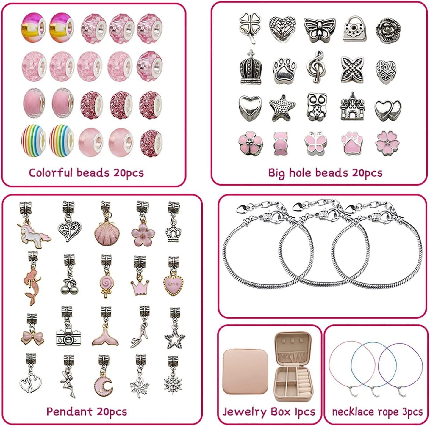 Charm Bracelet Making Kit – 68-Piece DIY Jewelry Set with Box (Pink) | Children's DIY Beading Bracelet Kit Creative Jewelry Set | Gift Box Birthday, Christmas, Eid, Present for Girls Aged 6-12 Handmade Craft