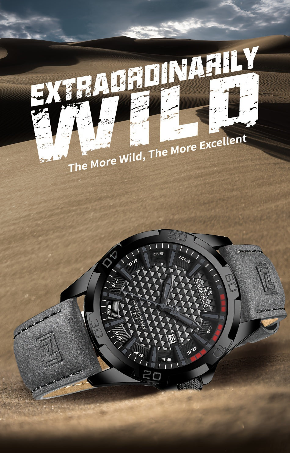 NAVIFORCE Men'S Quartz Watch NF8023, Casual Style, Round Alloy Case, Genuine Leather Strap, Carbon Fiber Dial, 3ATM Water Resistant, Battery Powered Electronic Movement