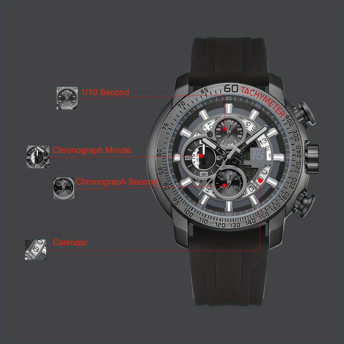 [Sporty Quartz Watch] Waterproof Sporty Men's Quartz Watch - Alloy Case, Calendar Feature, Silicone Strap