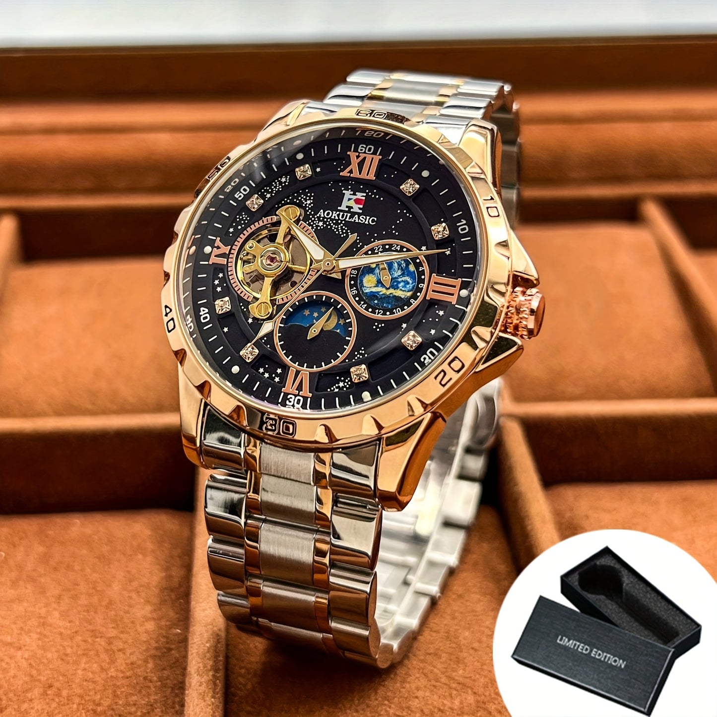 1pc AOKULASIC Men Fashion Tourbillon Skeleton Automatic Mechanical Watch Rose Golden Case Iced Out Starry Sky Luminous Dial Top Brand Strap Business Casual Mens Watches Christmas New Year Thanksgiving Day Festival Birthday Gi