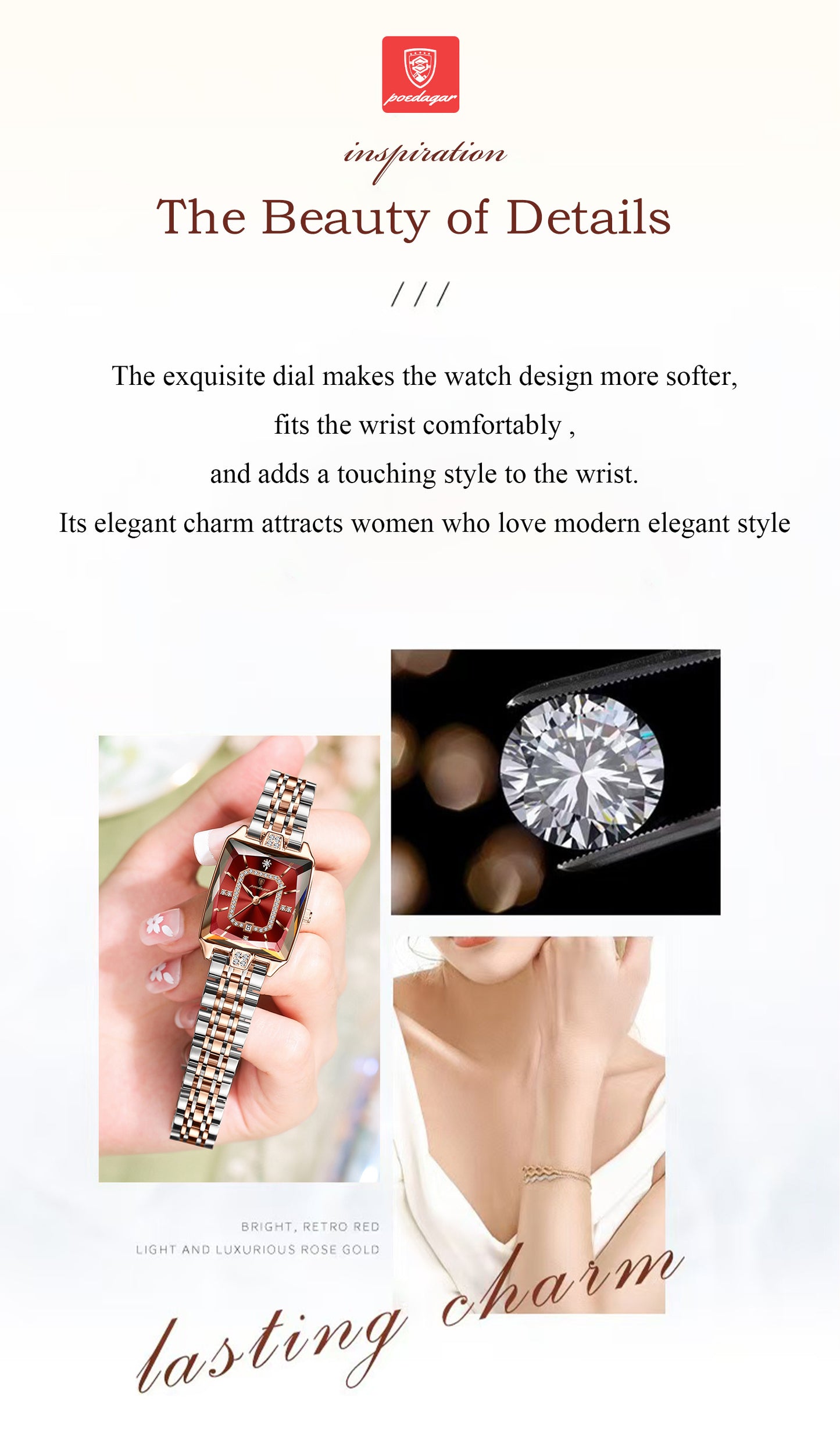 POEDAGAR Women’s Rectangular Quartz Stainless Steel Watch