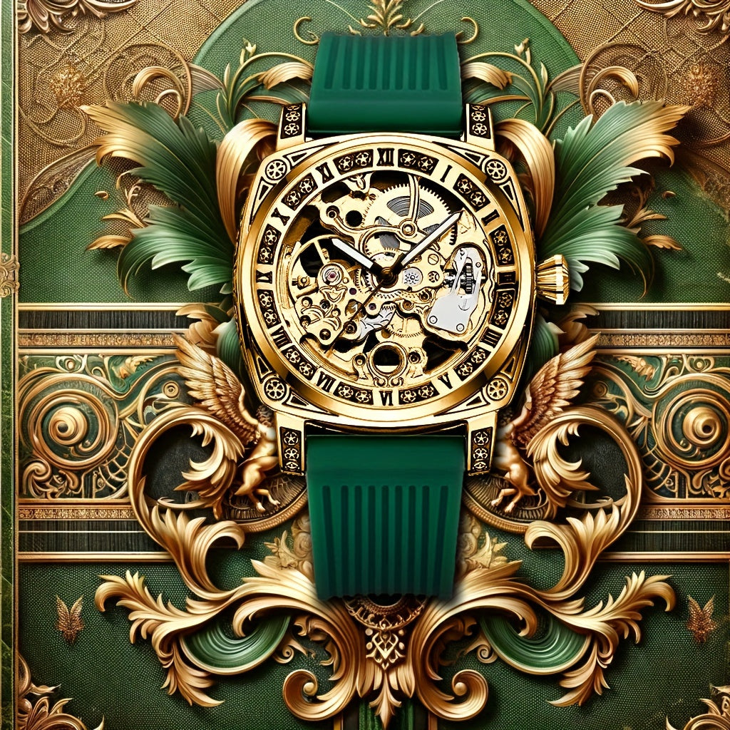 Men'S Vintage Mechanical - Luxury Square Automatic Wrist with Golden-Tone Dial, Green Strap, Self-Winding Movement, High-Quality Alloy Case, Without Battery, Elegant Timepiece, Sophisticated Style