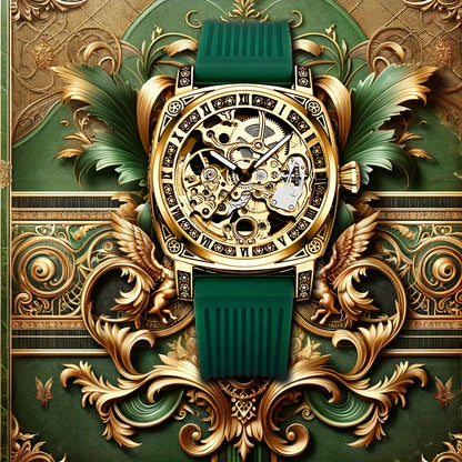 Men'S Vintage Mechanical - Luxury Square Automatic Wrist with Golden-Tone Dial, Green Strap, Self-Winding Movement, High-Quality Alloy Case, Without Battery, Elegant Timepiece, Sophisticated Style