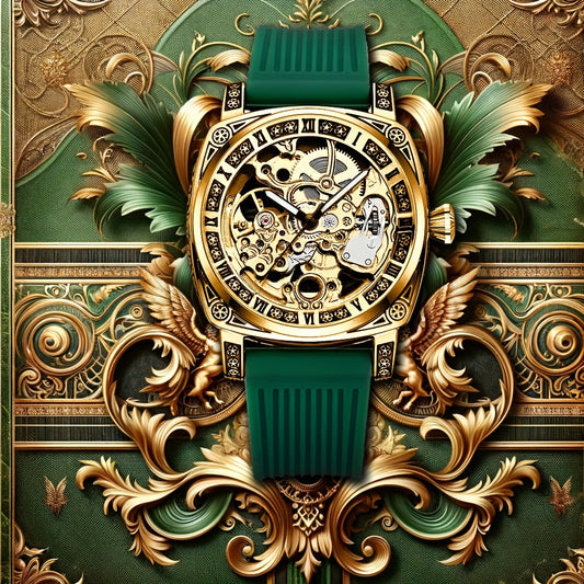 Men'S Vintage Mechanical - Luxury Square Automatic Wrist with Golden-Tone Dial, Green Strap, Self-Winding Movement, High-Quality Alloy Case, Without Battery, Elegant Timepiece, Sophisticated Style