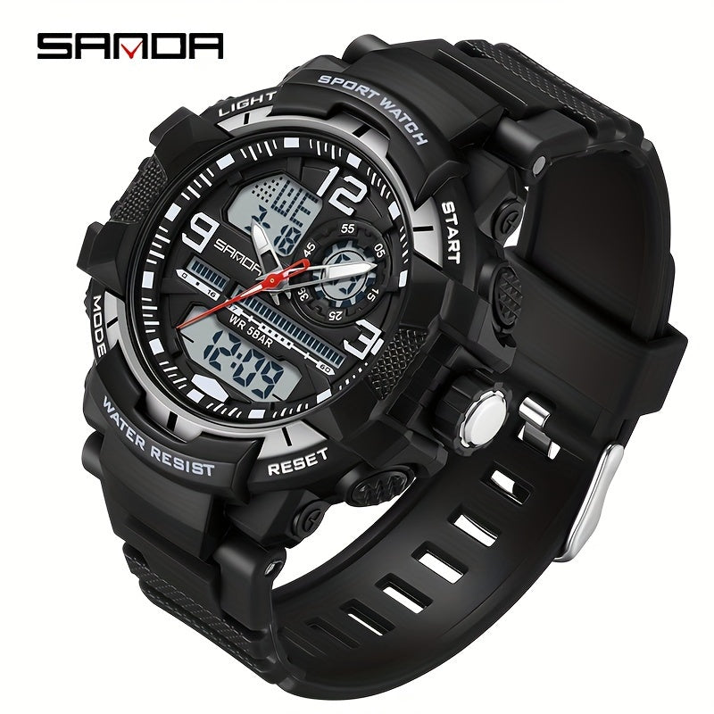 SANDA Men's Sports Watch - Multifunctional LED Digital Chronograph with Black Rubber Strap, Luminous Calendar, Stopwatch & Backlight, 5ATM Depth Resistance, Ideal for Outdoor Activities