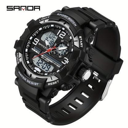 SANDA Men's Sports Watch - Multifunctional LED Digital Chronograph with Black Rubber Strap, Luminous Calendar, Stopwatch & Backlight, 5ATM Depth Resistance, Ideal for Outdoor Activities