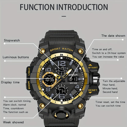 SANDA Men's Sports, Water-Resistant 50m, Dual Display Quartz Movement, Round PC Case, Faux Leather Strap, Luminous Hands, Battery Powered Electronic Wristwatch