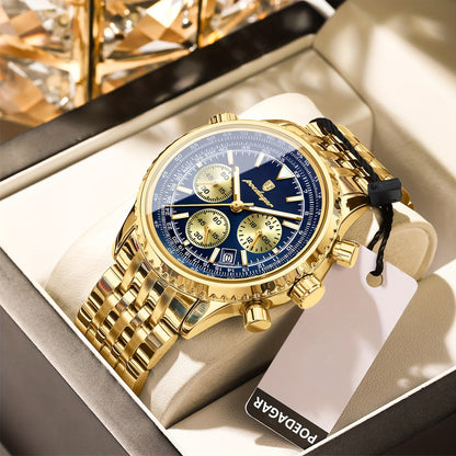 POEDAGAR Luxury 's Quartz Watch, Luminous Chronograph with Date Function, Stainless Steel Band & Zinc Alloy Case