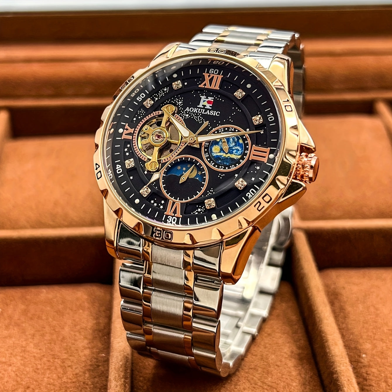 1pc AOKULASIC Men Fashion Tourbillon Skeleton Automatic Mechanical Watch Rose Golden Case Iced Out Starry Sky Luminous Dial Top Brand Strap Business Casual Mens Watches Christmas New Year Thanksgiving Day Festival Birthday Gi