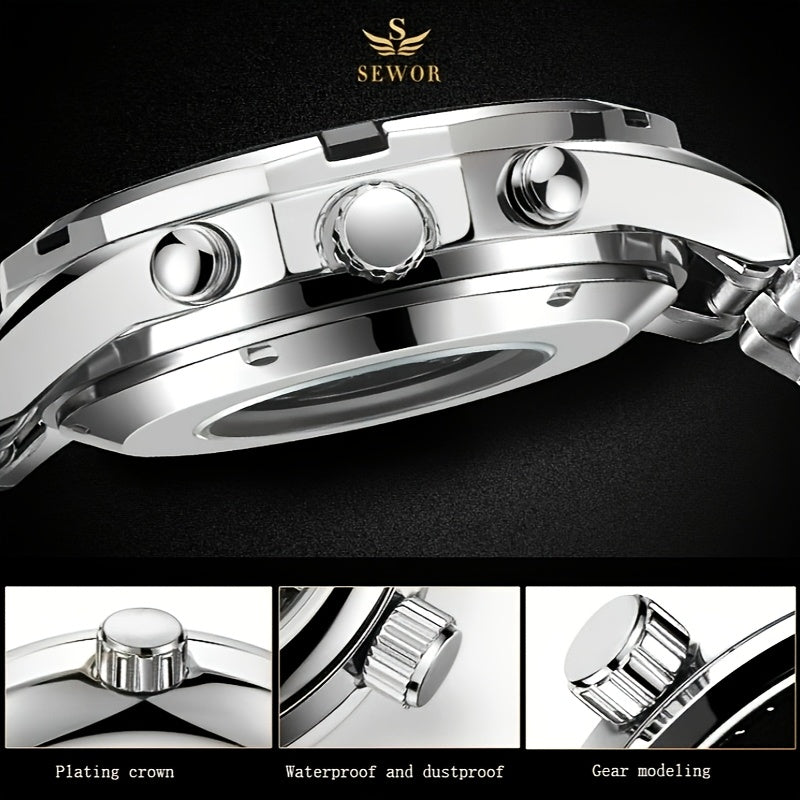 [Luxury Mechanical] Men's Luxury Automatic Mechanical Watch - Stainless Steel Band, Multi-Function with Sun, Moon, and Stars Display - Fashion Statement for Sophisticated Style