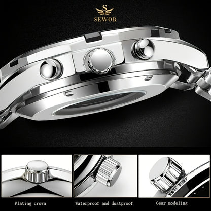 [Luxury Mechanical] Men's Luxury Automatic Mechanical Watch - Stainless Steel Band, Multi-Function with Sun, Moon, and Stars Display - Fashion Statement for Sophisticated Style