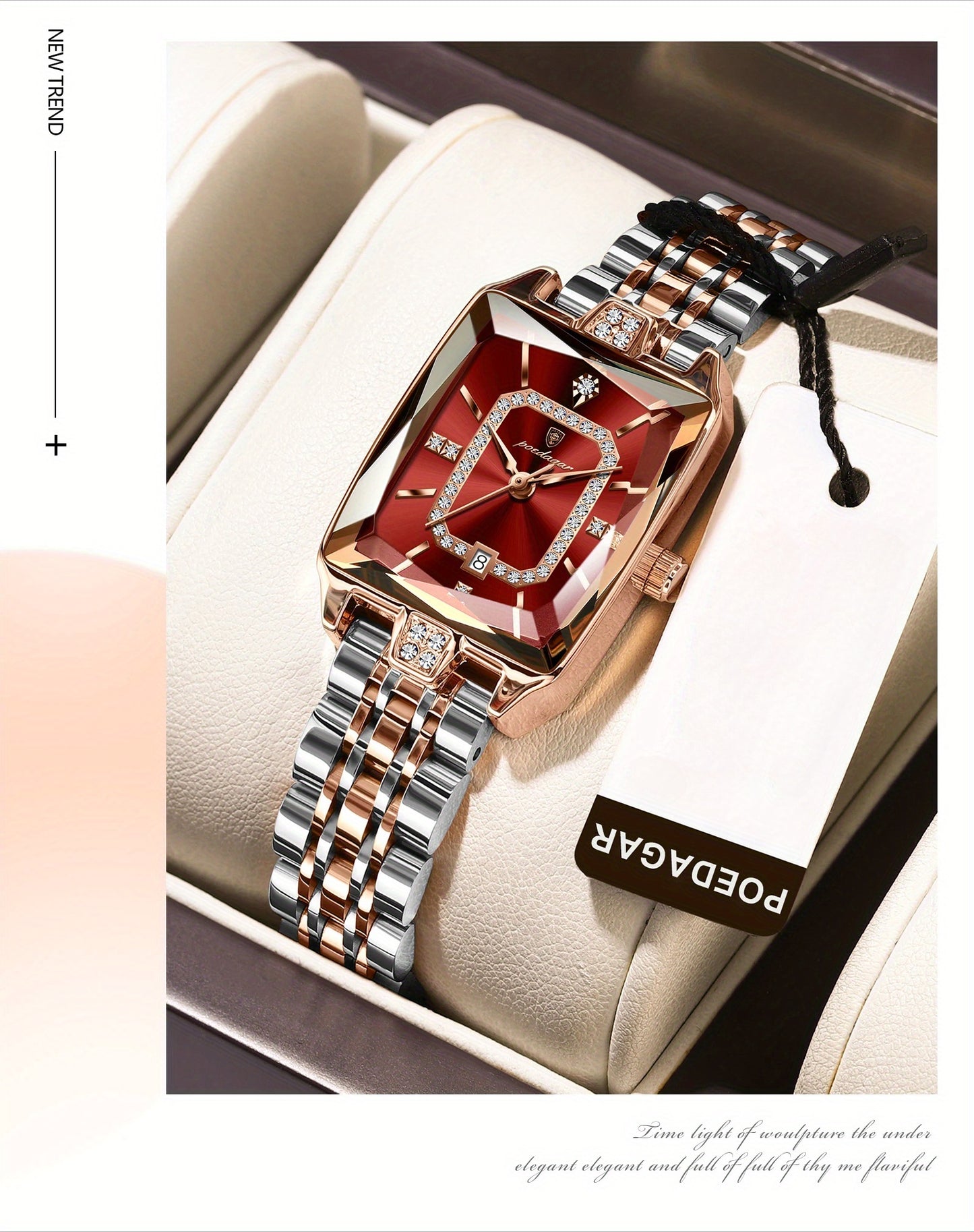 POEDAGAR Women’s Rectangular Quartz Stainless Steel Watch