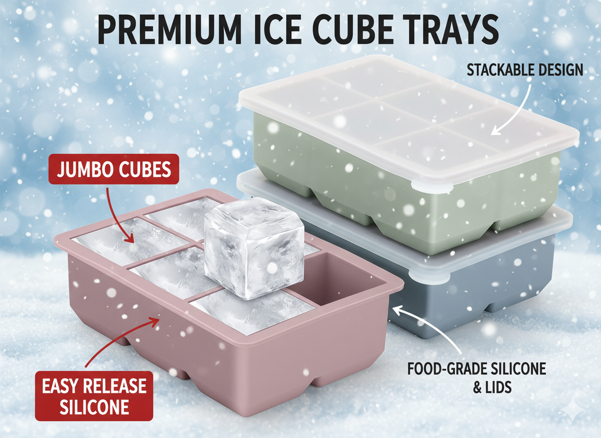 Silicone Ice Cube Trays 3 Pack – Large Square Ice Molds with Lids | BPA-Free, Flexible & Stackable (Pink, Green, Blue)