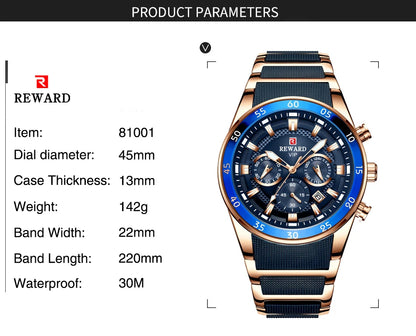 REWARD Men’s Luxury Quartz Chronograph Steel Watch