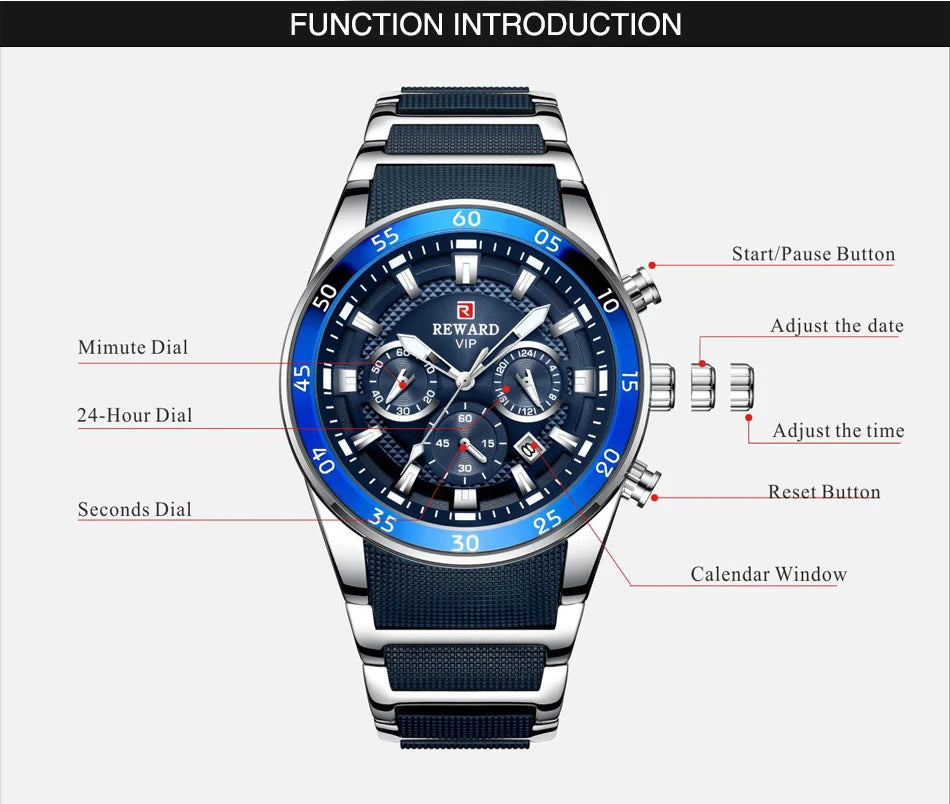 REWARD Men’s Luxury Quartz Chronograph Steel Watch