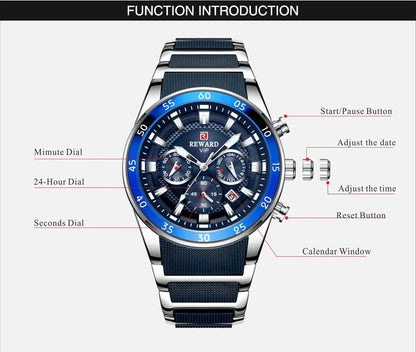REWARD Men’s Luxury Quartz Chronograph Steel Watch