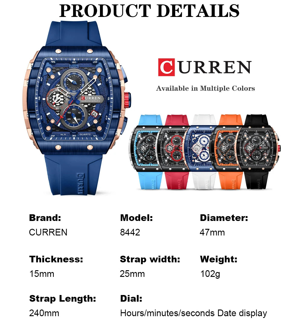 CURREN 8442 Fashion Large Dial Sports Watch with Unique Rectangular Hollow Design Quartz Watch with Automatic Date Chronograph