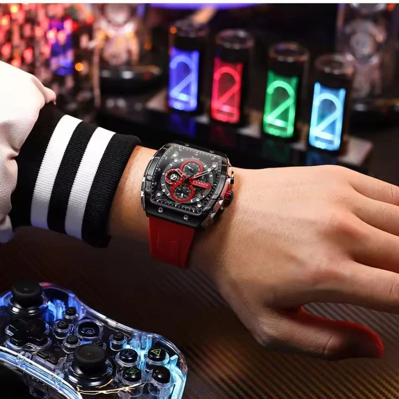 CURREN 8442 Fashion Large Dial Sports Watch with Unique Rectangular Hollow Design Quartz Watch with Automatic Date Chronograph