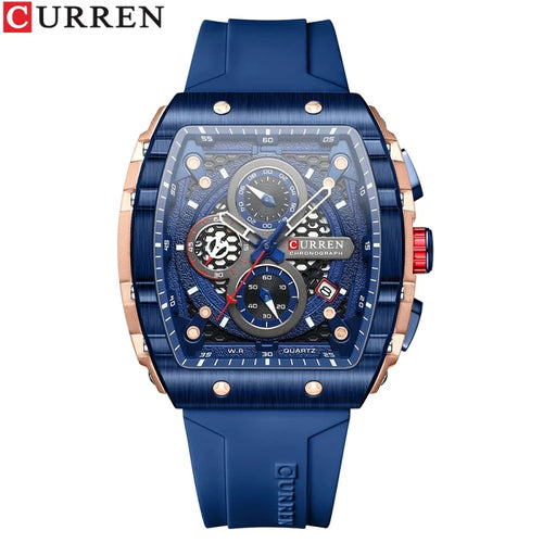 CURREN 8442 Fashion Large Dial Sports Watch with Unique Rectangular Hollow Design Quartz Watch with Automatic Date Chronograph