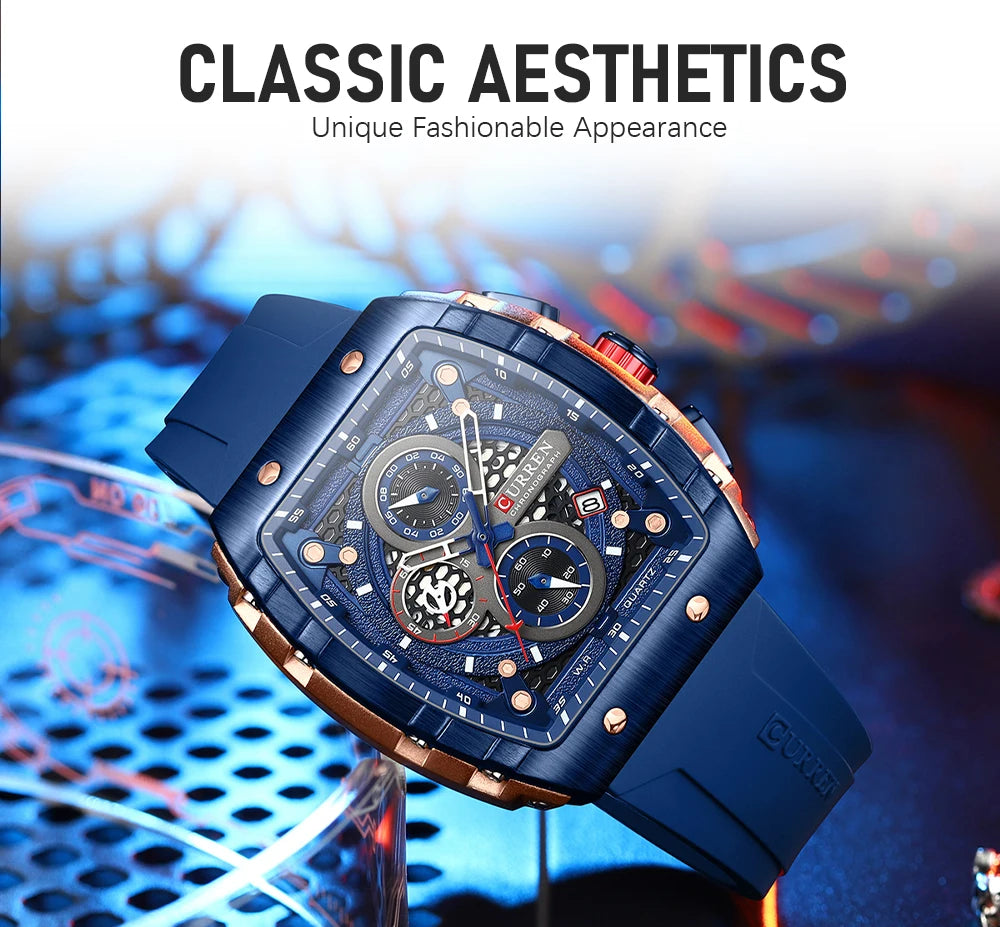 CURREN 8442 Fashion Large Dial Sports Watch with Unique Rectangular Hollow Design Quartz Watch with Automatic Date Chronograph