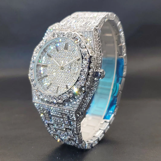 Men’s Luxury Octagonal Quartz Watch with Diamond Bezel