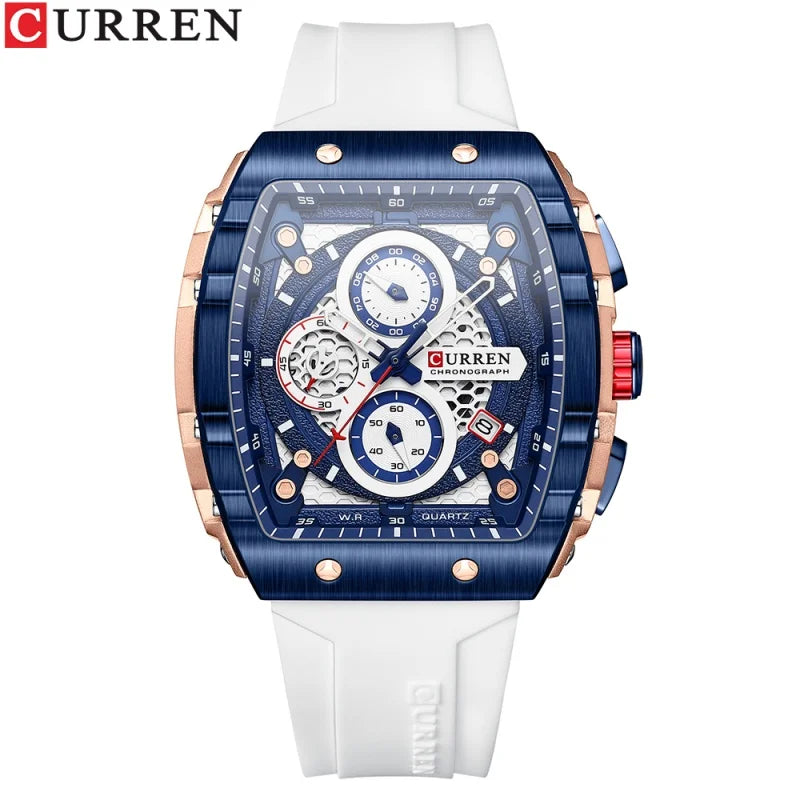 CURREN 8442 Fashion Large Dial Sports Watch with Unique Rectangular Hollow Design Quartz Watch with Automatic Date Chronograph