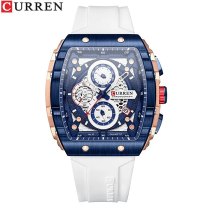 CURREN 8442 Fashion Large Dial Sports Watch with Unique Rectangular Hollow Design Quartz Watch with Automatic Date Chronograph