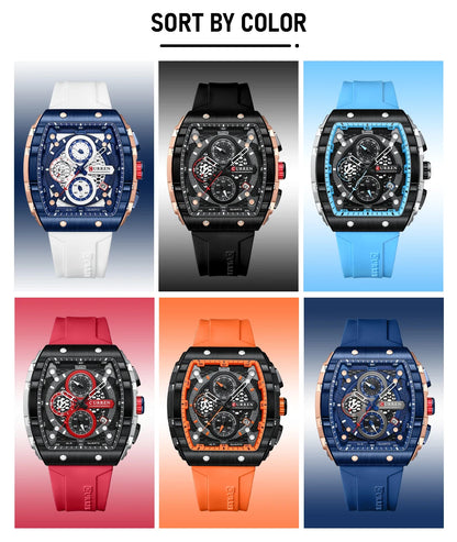 CURREN 8442 Fashion Large Dial Sports Watch with Unique Rectangular Hollow Design Quartz Watch with Automatic Date Chronograph