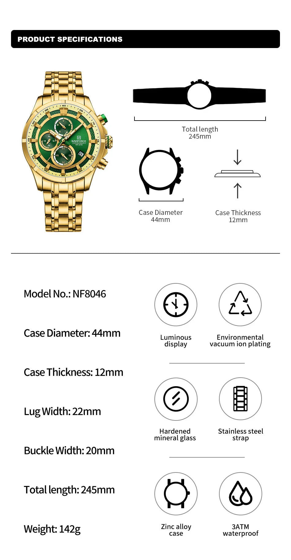 NAVIFORCE Men's Watch Luxury Business Luminous Waterproof Stainless Steel Strap Chronograph Quartz Wristwatch Relogio Masculino