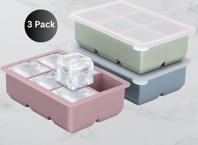 Silicone Ice Cube Trays 3 Pack – Large Square Ice Molds with Lids | BPA-Free, Flexible & Stackable (Pink, Green, Blue)