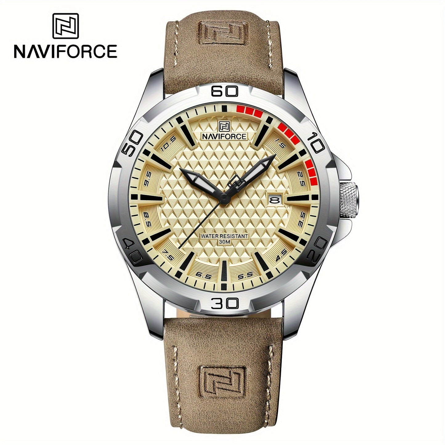 NAVIFORCE Men'S Quartz Watch NF8023, Casual Style, Round Alloy Case, Genuine Leather Strap, Carbon Fiber Dial, 3ATM Water Resistant, Battery Powered Electronic Movement