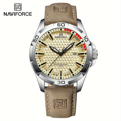 NAVIFORCE Men'S Quartz Watch NF8023, Casual Style, Round Alloy Case, Genuine Leather Strap, Carbon Fiber Dial, 3ATM Water Resistant, Battery Powered Electronic Movement