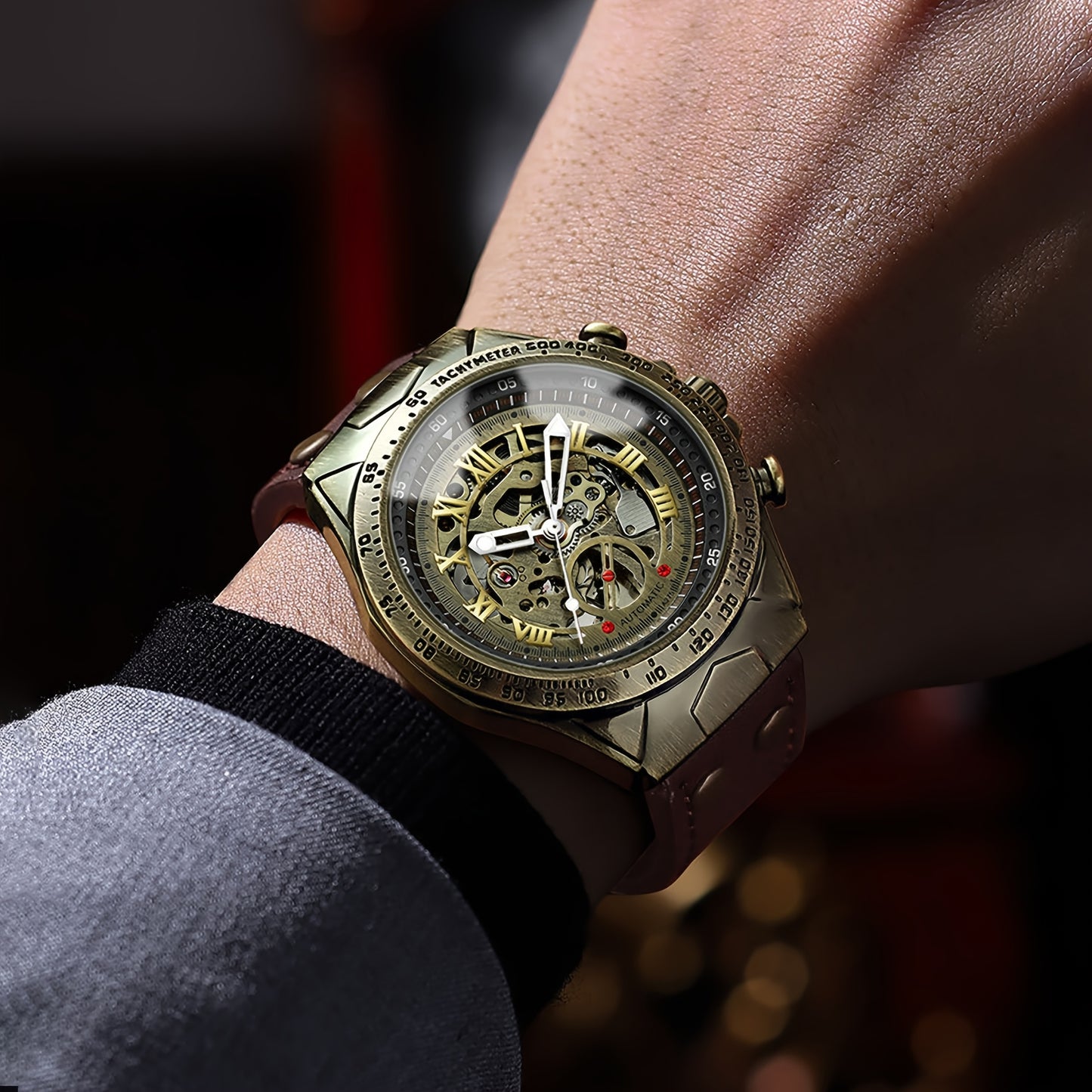Men's wristwatch, automatic mechanical watch, double-sided skeletonized design, luminous hands, mineral glass mirror surface, fashionable and retro business watch, brown leather strap, casual Men's formal wear accessory, suit