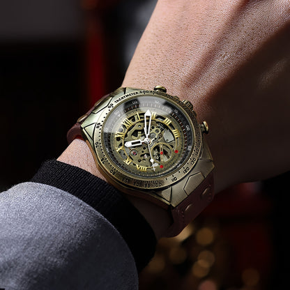 Men's wristwatch, automatic mechanical watch, double-sided skeletonized design, luminous hands, mineral glass mirror surface, fashionable and retro business watch, brown leather strap, casual Men's formal wear accessory, suit