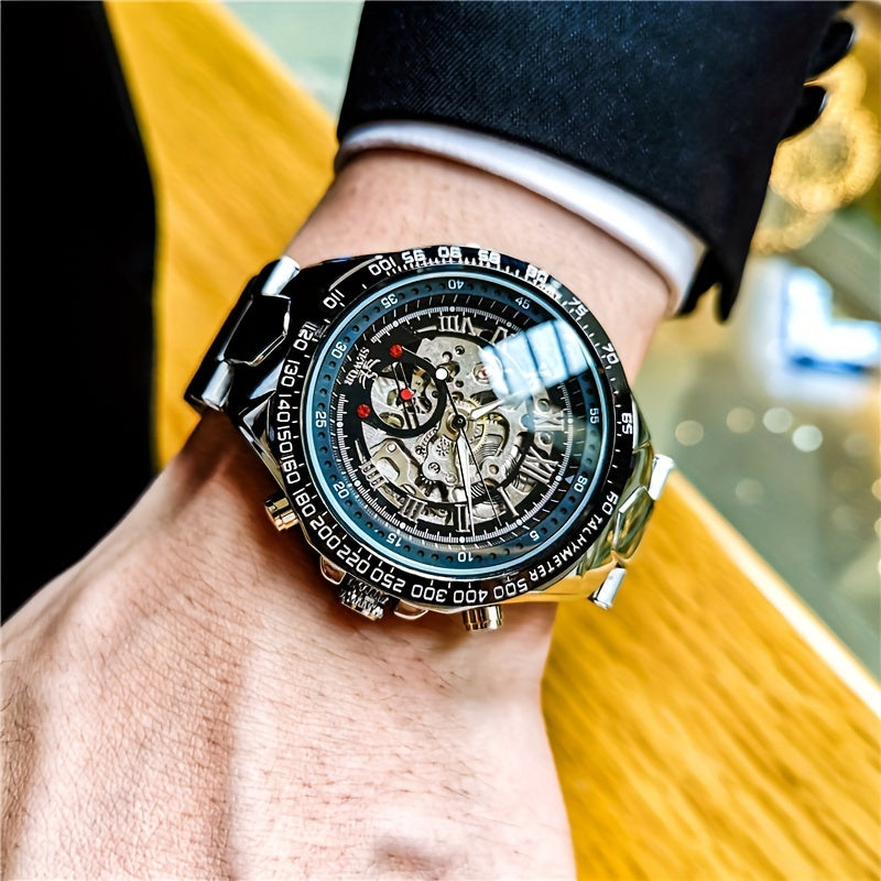 [Luxury Mechanical] Men's Luxury Automatic Mechanical Watch - Stainless Steel Band, Multi-Function with Sun, Moon, and Stars Display - Fashion Statement for Sophisticated Style