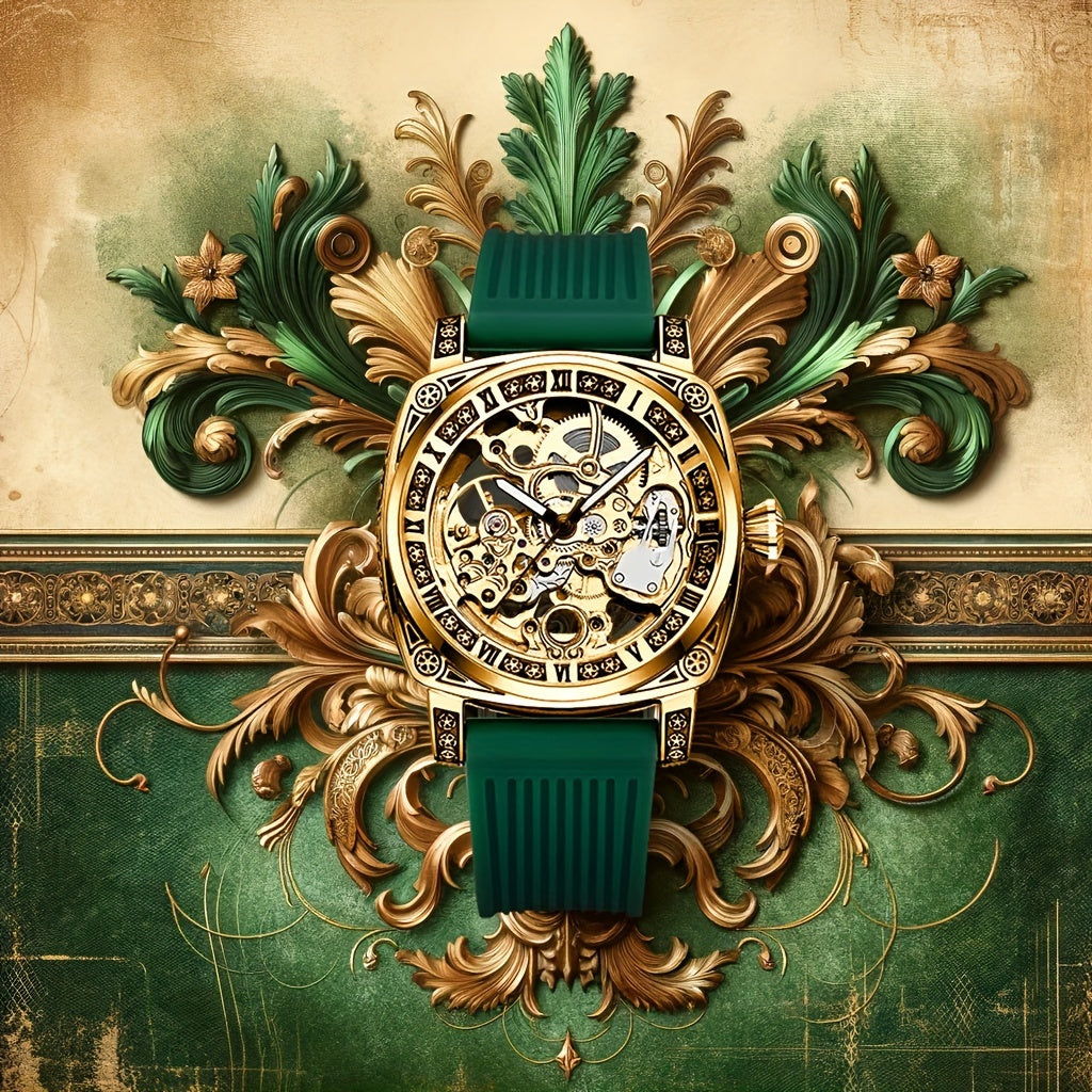 Men'S Vintage Mechanical - Luxury Square Automatic Wrist with Golden-Tone Dial, Green Strap, Self-Winding Movement, High-Quality Alloy Case, Without Battery, Elegant Timepiece, Sophisticated Style