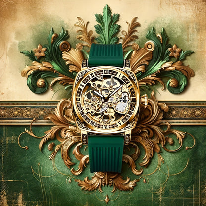 Men'S Vintage Mechanical - Luxury Square Automatic Wrist with Golden-Tone Dial, Green Strap, Self-Winding Movement, High-Quality Alloy Case, Without Battery, Elegant Timepiece, Sophisticated Style