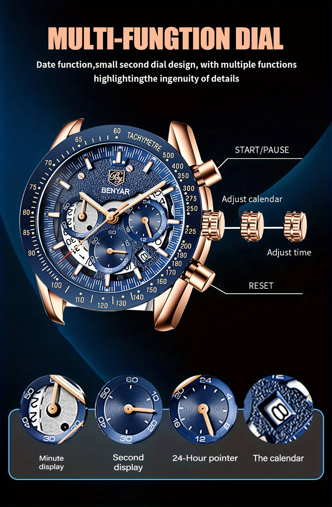 BENYAR Men'S Luxury Sports Watch - Elegant Quartz Movement, Round Blue Dial with Roman Numerals, Stainless Steel Band, Waterproof (30m), Perfect Father'S Day Gift