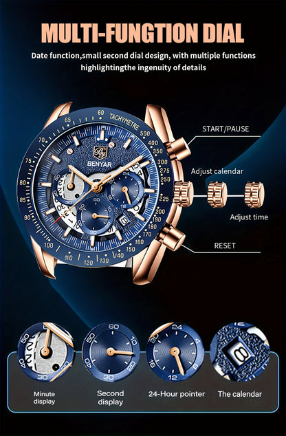 BENYAR Men'S Luxury Sports Watch - Elegant Quartz Movement, Round Blue Dial with Roman Numerals, Stainless Steel Band, Waterproof (30m), Perfect Father'S Day Gift