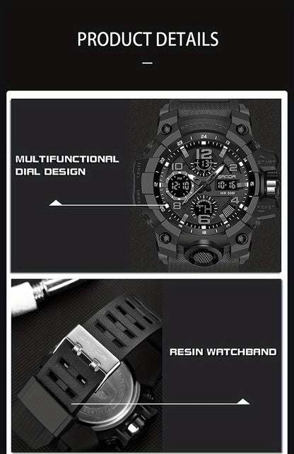 SANDA Men's Sports, Water-Resistant 50m, Dual Display Quartz Movement, Round PC Case, Faux Leather Strap, Luminous Hands, Battery Powered Electronic Wristwatch