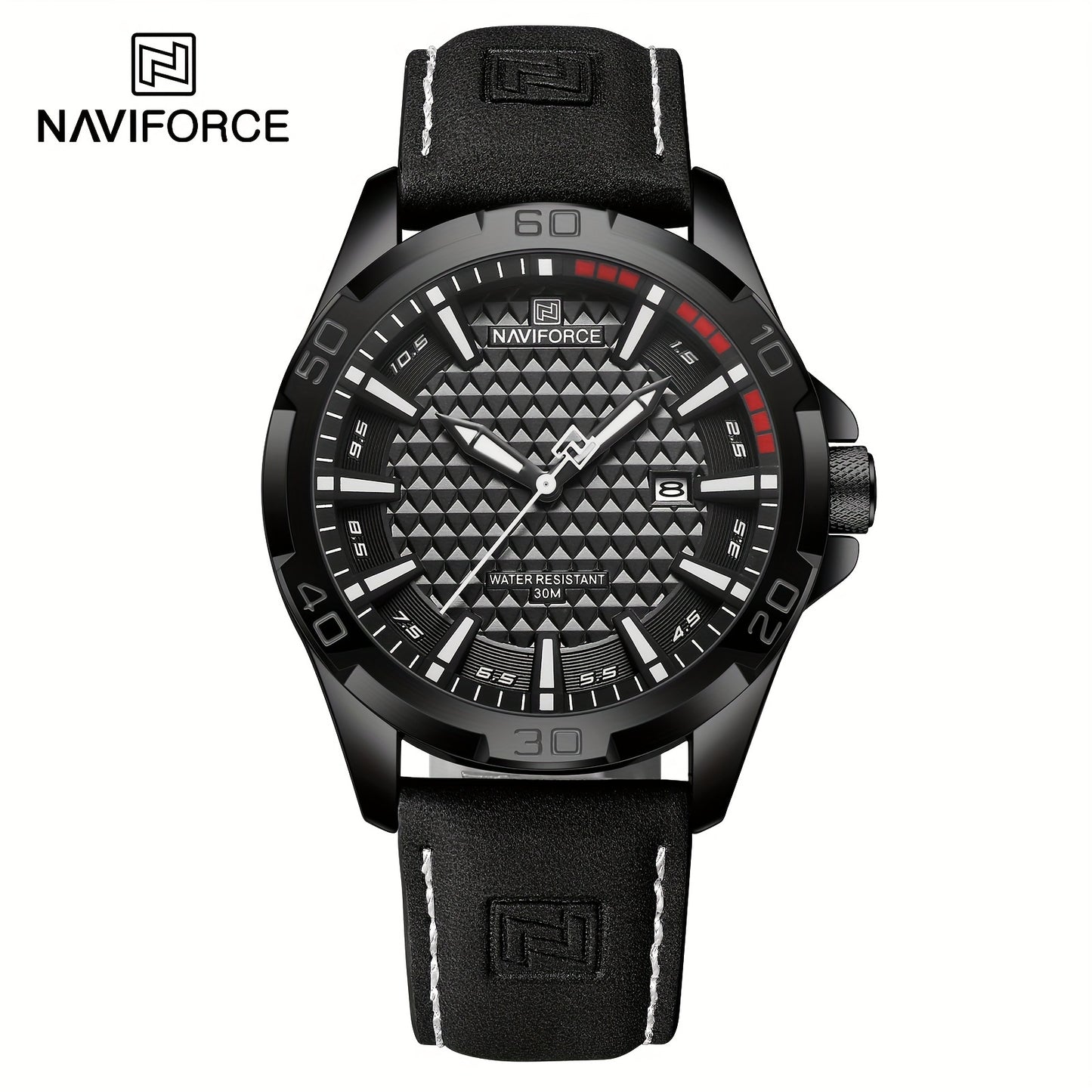 NAVIFORCE Men'S Quartz Watch NF8023, Casual Style, Round Alloy Case, Genuine Leather Strap, Carbon Fiber Dial, 3ATM Water Resistant, Battery Powered Electronic Movement
