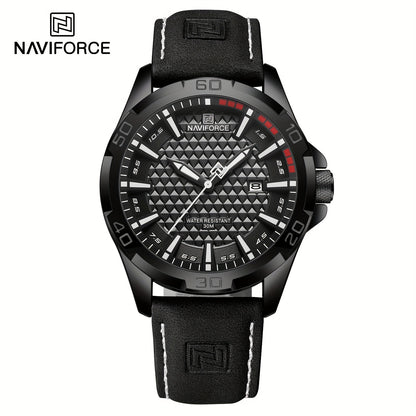 NAVIFORCE Men'S Quartz Watch NF8023, Casual Style, Round Alloy Case, Genuine Leather Strap, Carbon Fiber Dial, 3ATM Water Resistant, Battery Powered Electronic Movement