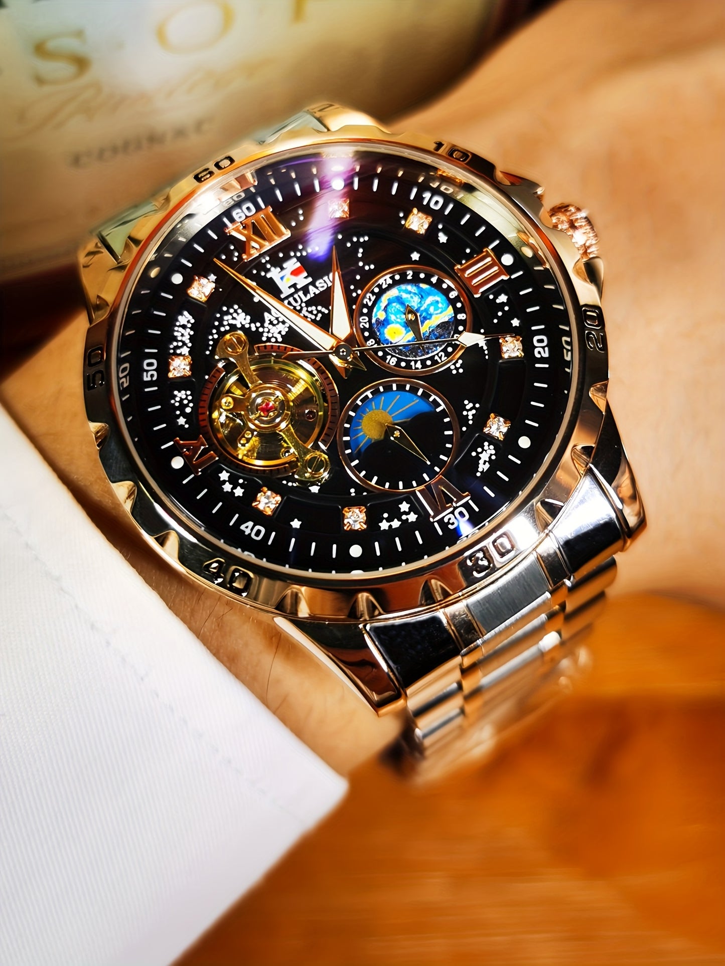 1pc AOKULASIC Men Fashion Tourbillon Skeleton Automatic Mechanical Watch Rose Golden Case Iced Out Starry Sky Luminous Dial Top Brand Strap Business Casual Mens Watches Christmas New Year Thanksgiving Day Festival Birthday Gi