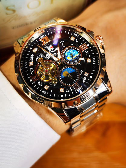 1pc AOKULASIC Men Fashion Tourbillon Skeleton Automatic Mechanical Watch Rose Golden Case Iced Out Starry Sky Luminous Dial Top Brand Strap Business Casual Mens Watches Christmas New Year Thanksgiving Day Festival Birthday Gi