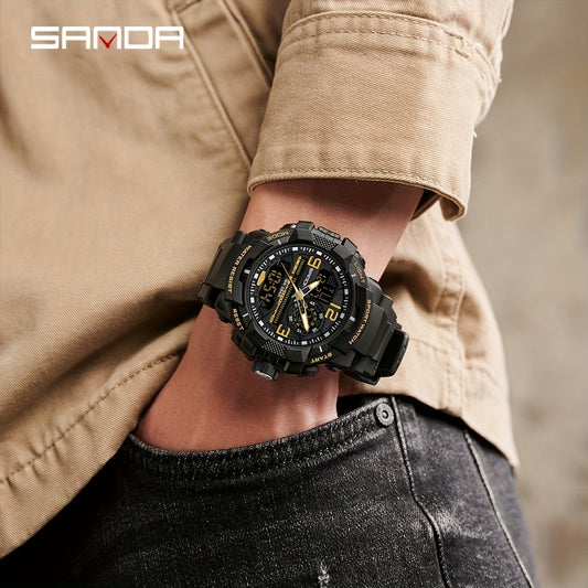 SANDA Men's Sports Watch - Multifunctional LED Digital Chronograph with Black Rubber Strap, Luminous Calendar, Stopwatch & Backlight, 5ATM Depth Resistance, Ideal for Outdoor Activities