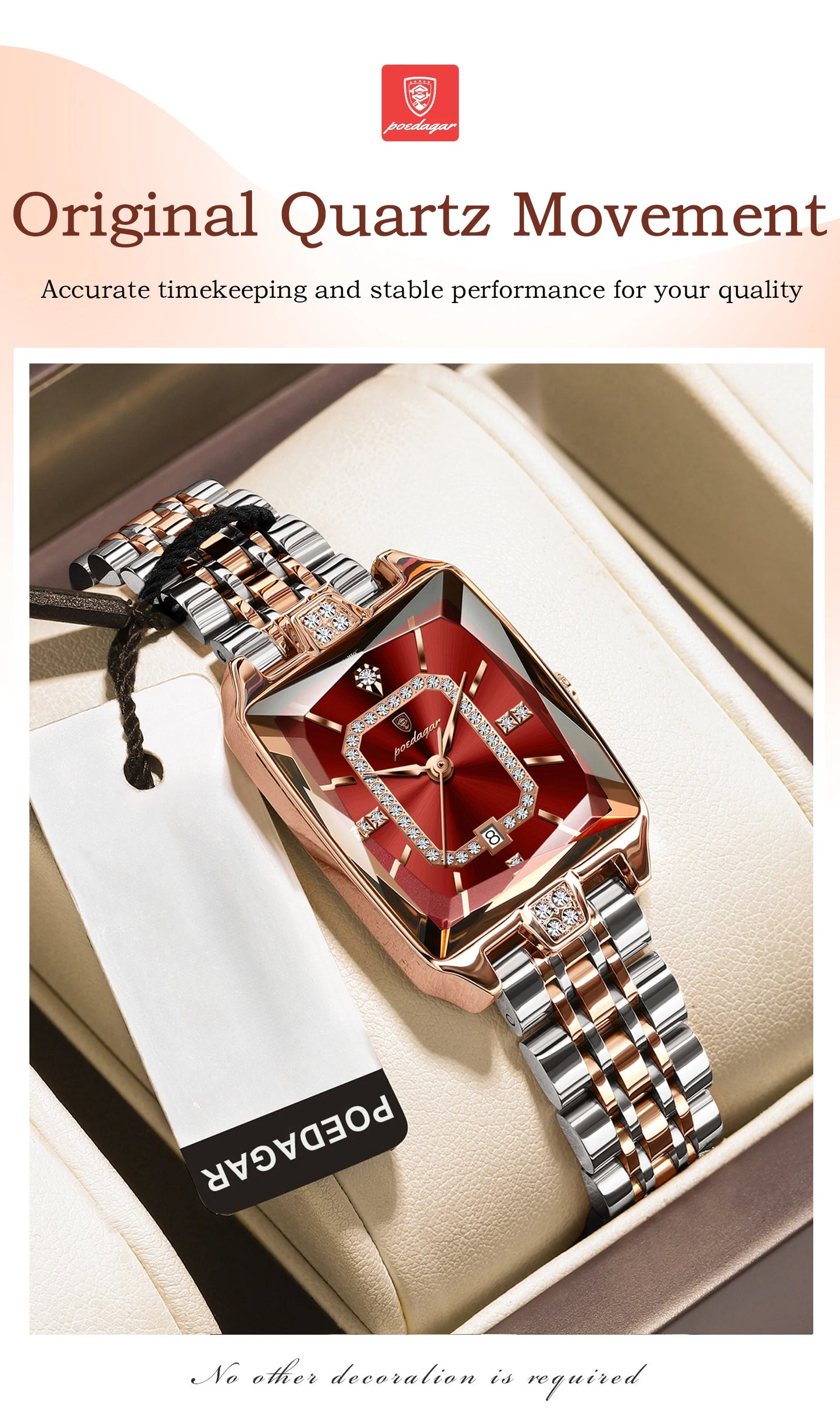 POEDAGAR Women’s Rectangular Quartz Stainless Steel Watch