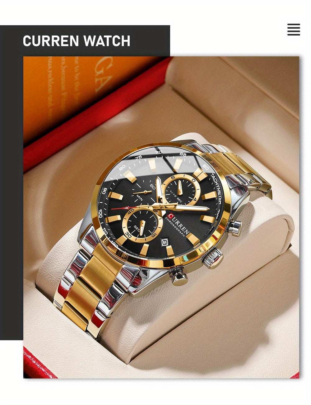 CURREN Men'S Business with Stainless Steel Strap, Multi-Functional Chronograph, Luminescent Hands, Automatic Date, Quartz Movement, IPX8 Water Resistance, Sports Style, Regular Cleaning