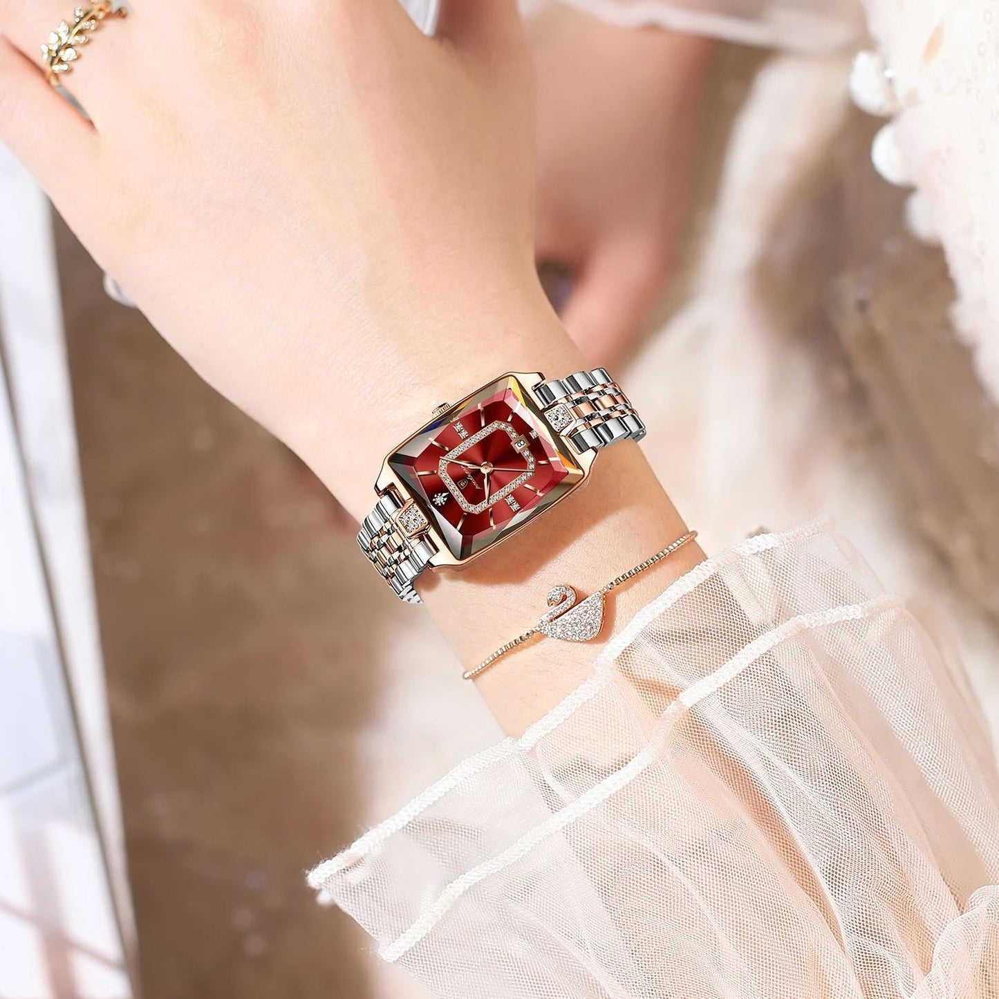 POEDAGAR Women’s Rectangular Quartz Stainless Steel Watch