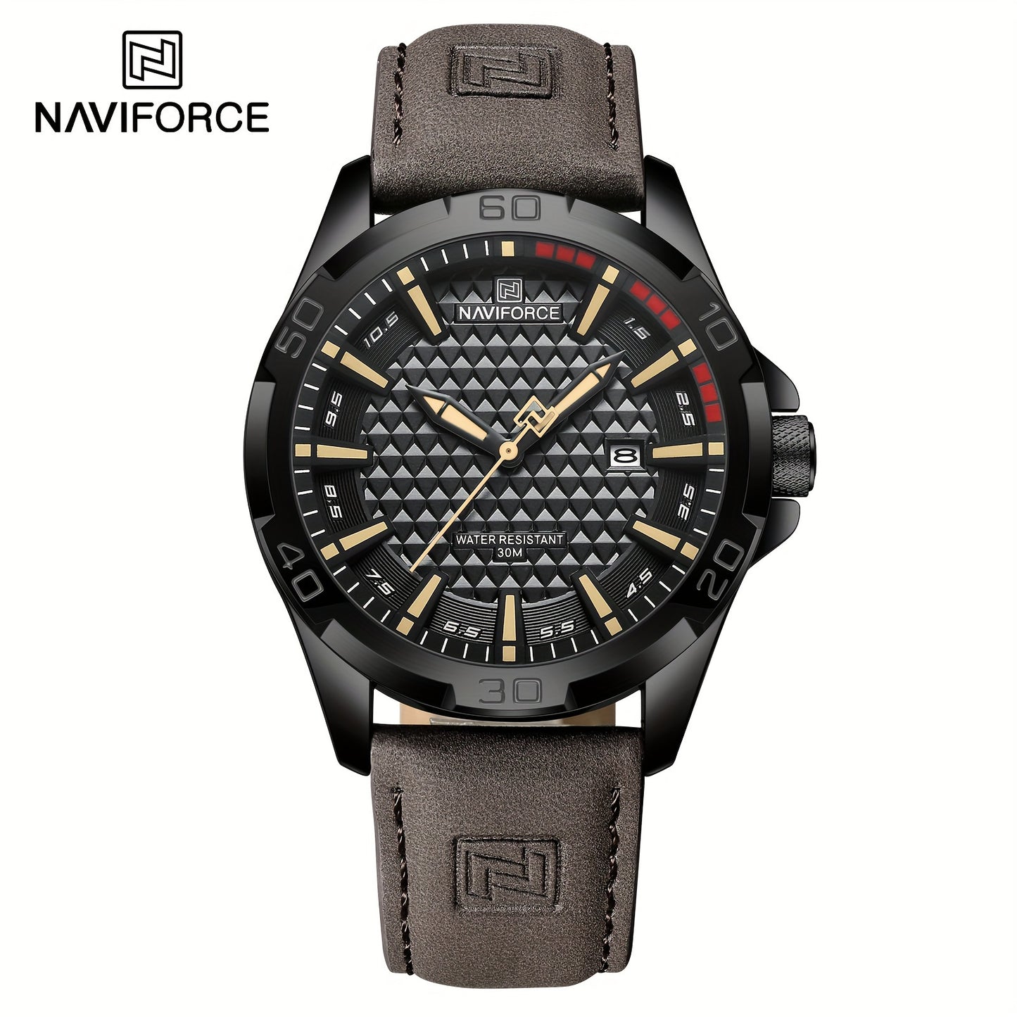 NAVIFORCE Men'S Quartz Watch NF8023, Casual Style, Round Alloy Case, Genuine Leather Strap, Carbon Fiber Dial, 3ATM Water Resistant, Battery Powered Electronic Movement